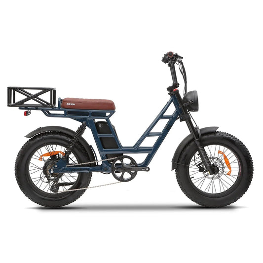 Blue Kasen Malibu eBike packaged inside a cardboard shipping box