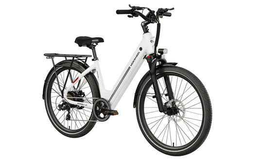 White MOKWHEEL Asphalt ST 500W step-thru urban electric beach cruiser eBike with 27.5x2.4 tires, side view on plain background