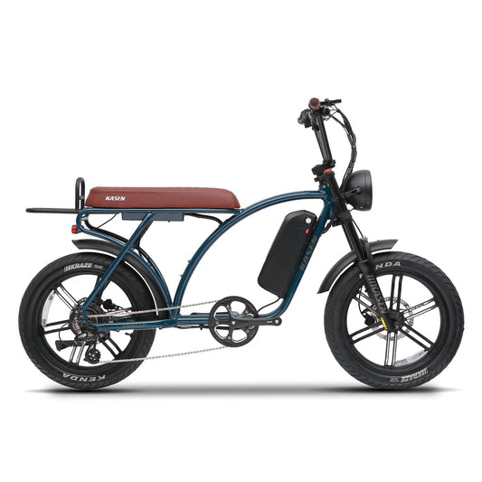 Retro blue KASEN Kabbit Plus 2.0 electric bike with 1000W motor, 20x4 fat tires, and e-moto style design.