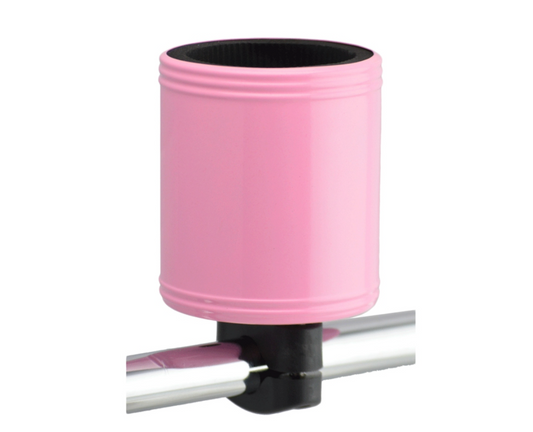 The Kroozie - Kroozer Cups 2.0 insulated cup holder attached to a bicycle handlebar, holding a beverage can.