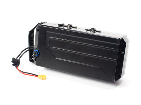 Stomp Ebox 60V stock battery, rectangular black battery pack with visible wiring and connectors, placed on a white background.