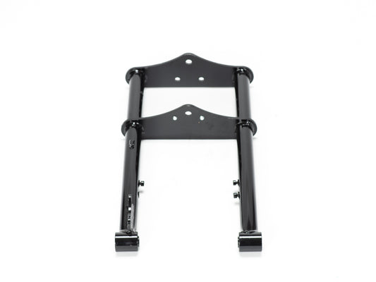 Stomp Ebox Dragster Forks, front view showing silver suspension forks with black mounting brackets and axle clamps, displayed against a white background.