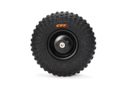 Front view of a Stomp Ebox Dragster front wheel with mounted tire, showing tread pattern and rim design.
