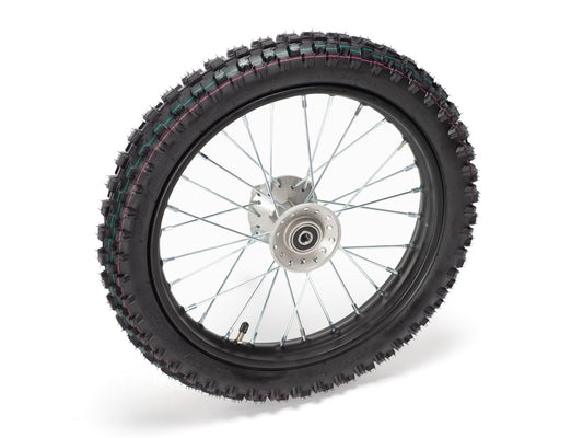 Front view of a 14-inch Stomp Ebox dirt bike front wheel with knobby tire and silver spokes.