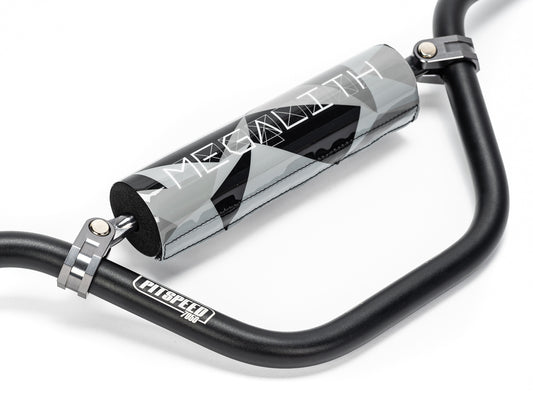 Stomp Ebox Megalith Pitspeed 7075 handlebar, black aluminum, side view showing ergonomic rise and branding