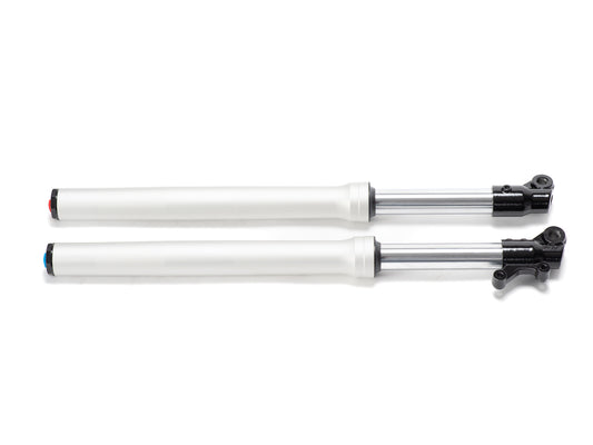 Front view of the Stomp Ebox V2 600mm USD fork, showing the suspension components and metallic finish against a plain background.