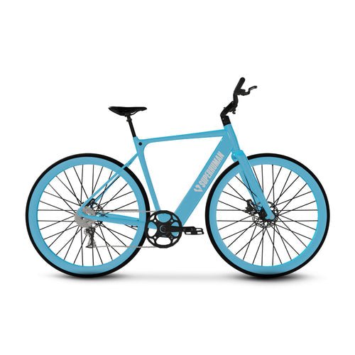 A blue Superhuman Photon 21 Step Over electric bike displayed at Superhuman Superphotoblueebike Super Shop, product ID 1616487.