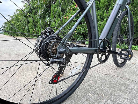 A black FREEGO E7 Step Over electric commuter bike with a 250W motor, upright handlebars, front suspension, and city tires, shown from the side against a white background.
