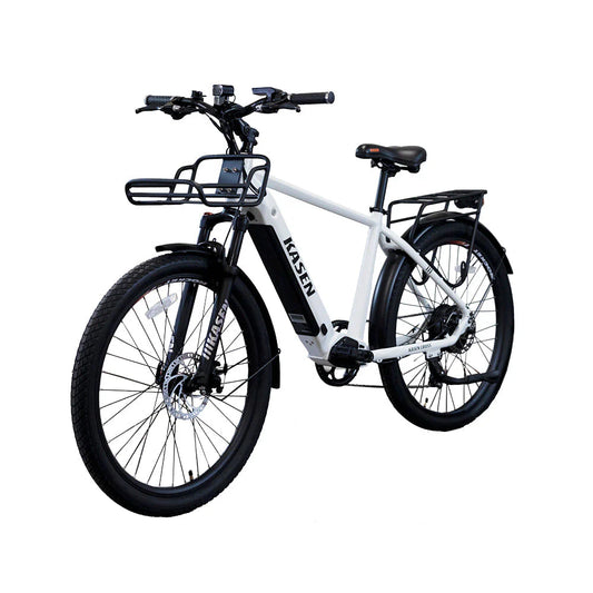 White KASEN Cross 500W Step Over Urban Electric Bike, 27.5x2.4 tires, front view
