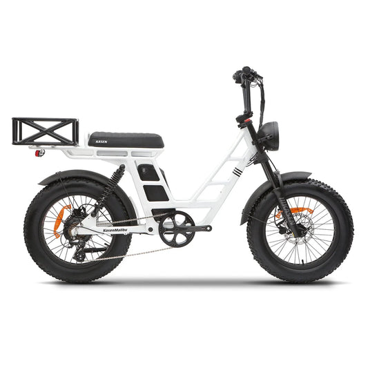 White KASEN Malibu 1000W Step-Thru eBike with 20x4 fat tires, electric cargo bicycle design.