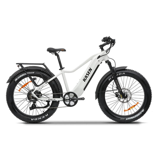 White KASEN Ranger 2.0 750W electric bike with 26x4 fat tires, designed as a fat tire electric beach cruiser.
